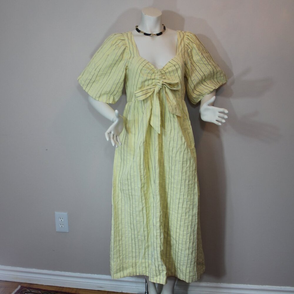 YAS puff sleeve bow front textured midi  woman dress in yellow size 8
